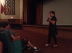 Mrs. Terri Zenobio address the sophomores during Sophomore Spirit Day about the Society of St. Vincent de Paul.