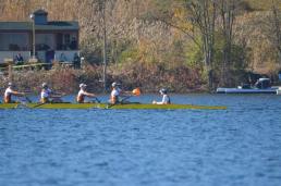 Chaminade’s varsity eight boat pushes forward on the Head of the Fish Regatta course in Saratoga, New York.