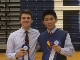 Robert Sangirardi ’16 (l.) and Vincent Sciortino ’16 (r.) pose for a photo with their first place medals in Optics.
