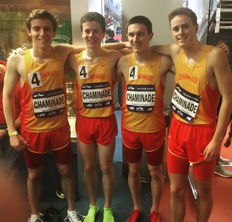 (l.-r.) Juniors Cameron Sherry, Christopher Loumeau, Chris Strezlinski, and senior Jack Rogers pose for a photo after their successful finish at the Milrose Games. 