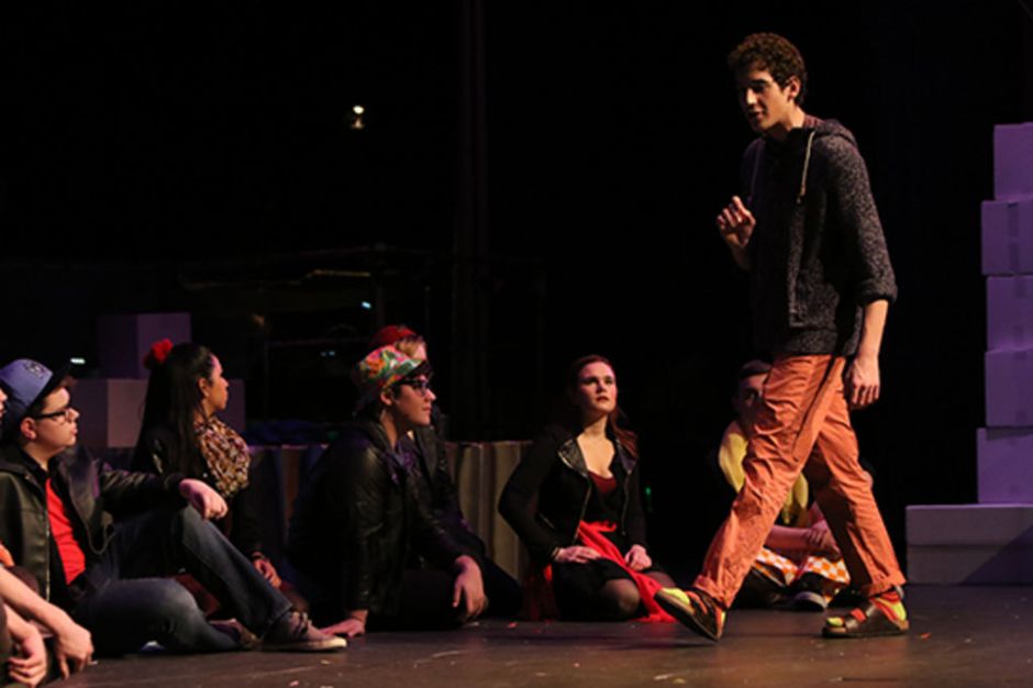 Will DeVito ’16, playing the part of Jesus Christ, preaches to his disciples.