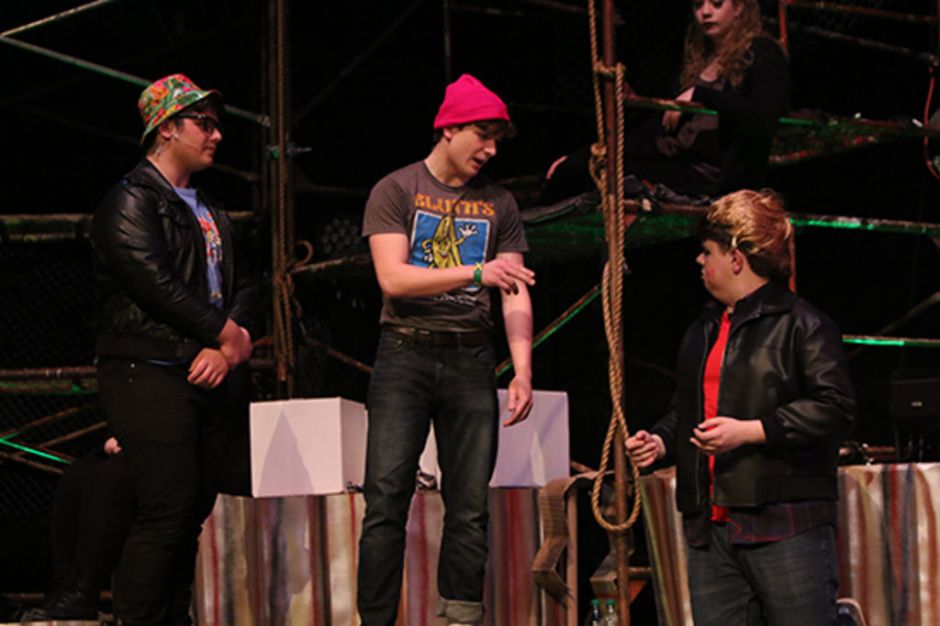 Patrick Johnson ’17 and Kevin McSorely ’16, both portraying followers of Christ, exchange dialogue.