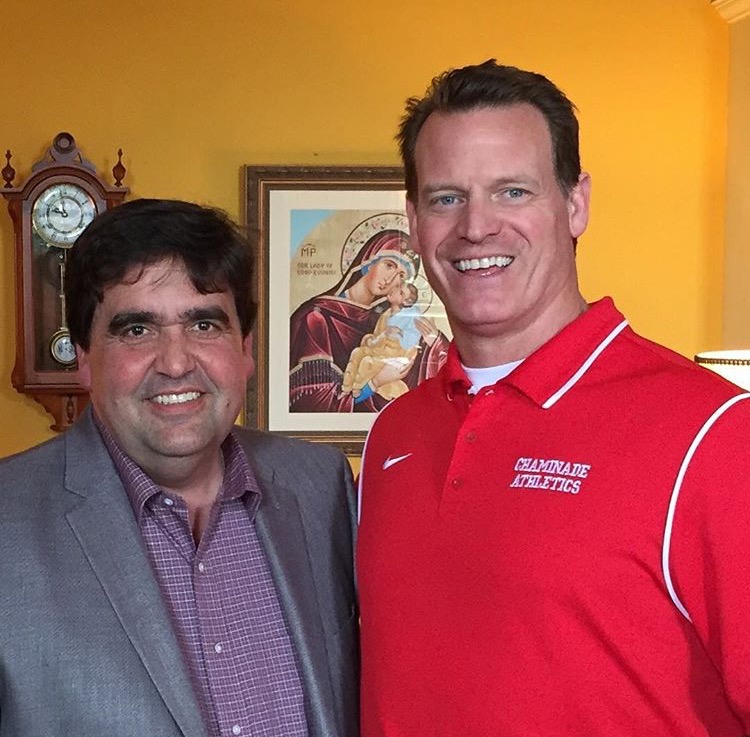 (l.-r.) Mr. Kevin Dolan ’85 poses for a photo with Coach Stephen Boyd, who is handing off his football responsibilities to Coach Dolan next season. 