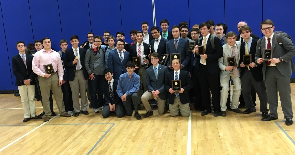 The entire Speech and Debate team gathers after the awards ceremony to celebrate its success.