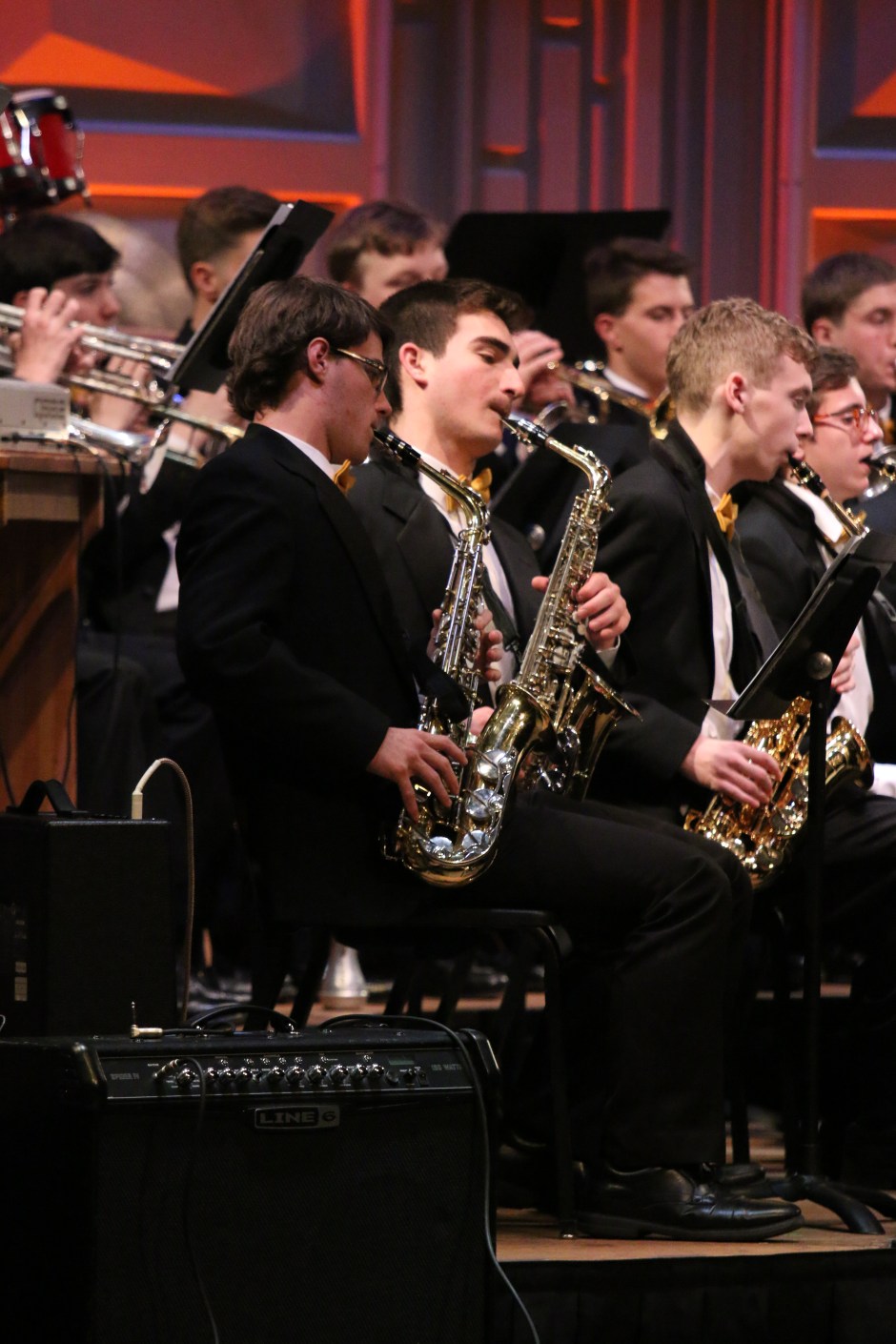 Gold Band’s saxophone section harmonizes during the concert.
