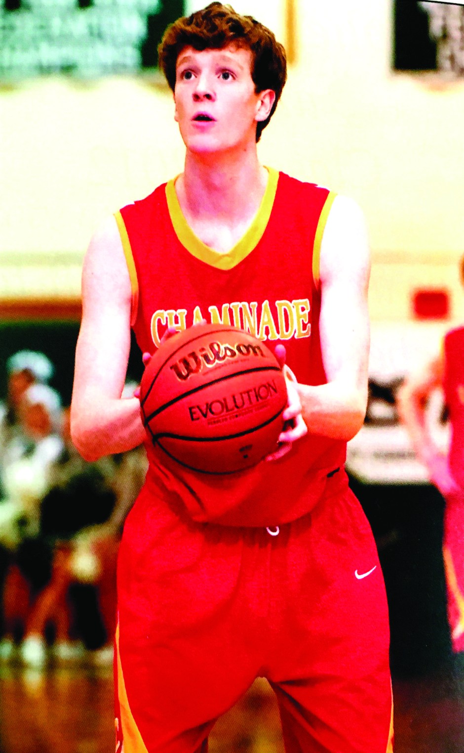 Farrell, a captain his freshman, sophomore, and senior years, prepares to take a free throw.