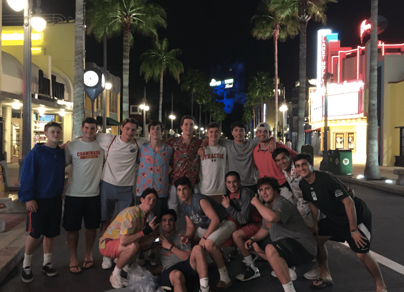 A group of students celebrate surviving the Tower of Terror.