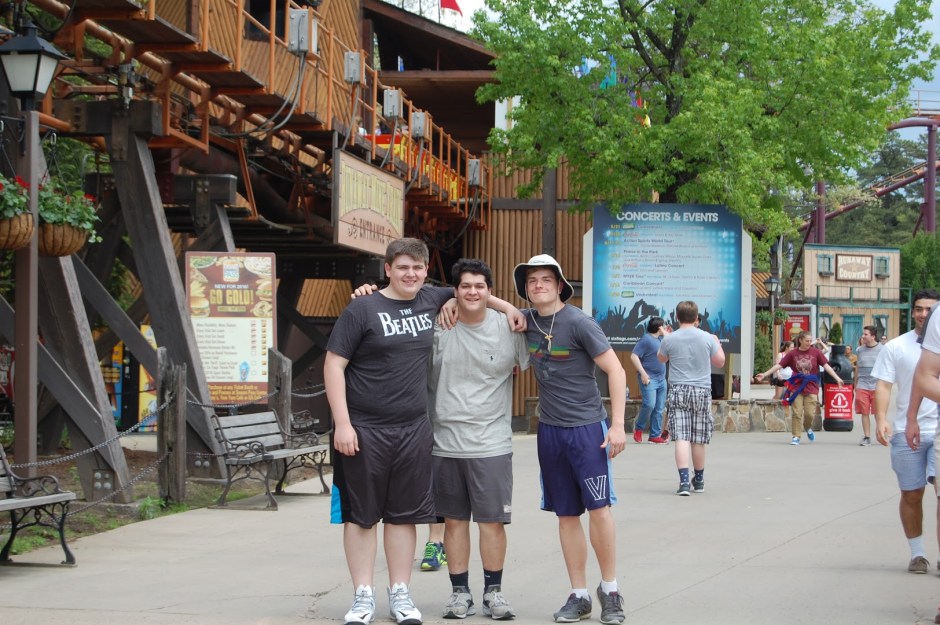 Christian Matlempi ’17, Tony Ramos ’17, and Patrick Johnson ’17 stand outside Runaway Mine Train.
