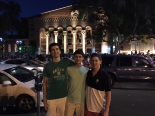 (l.-r.) Alex Caparelli ’17, James Sorrentino ’17, and Aidan Fitzgerald ’18 explore Sacramento the night they arrive.