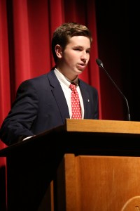 Aidan Fitzgerald ’18 testifies to the importance of Sodality in his life in front of the Chaminade Sodalists.
