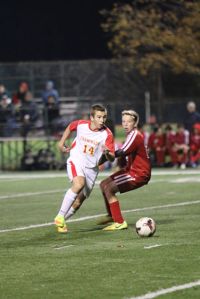 Benjamin Szemerny ’19 beats a defender and goes on a rush during his four goal night. 