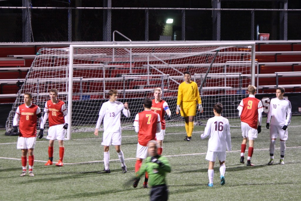 The Flyers organize themselves in preparation for a Fordham Prep corner kick.