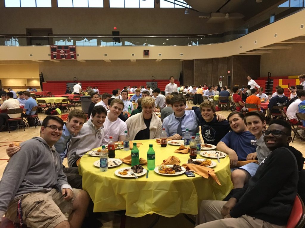 Seniors enjoy a steak dinner with Mrs. Zehnter.