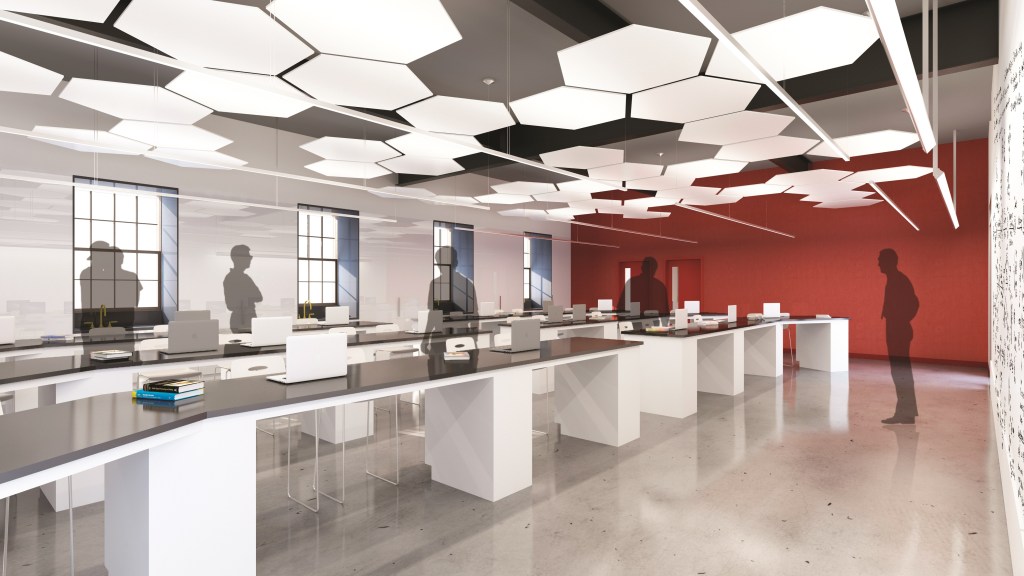 The model lab above most closely resembles an expected physics lab, as the long table style allows for student collaboration. The front of the classroom, set behind the model teacher, features a cutting-edge glass wall which can be varied in opacity and display classroom elements in a lab setting. 